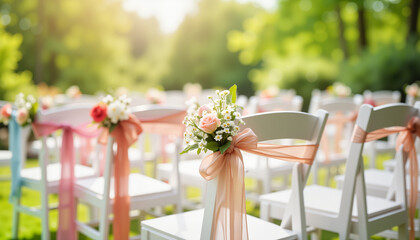 Obraz premium Beautiful wedding chairs adorned with flowers in sunny garden, elegance