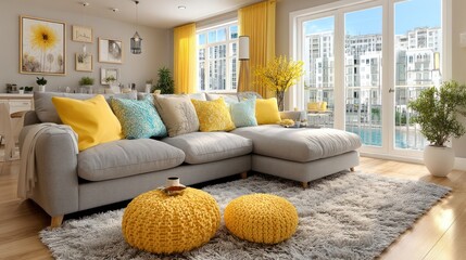 Cozy living room with modern decor and bright yellow accents