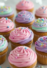Colorful Cupcakes with Swirled Frosting and Sprinkles