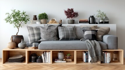 Fototapeta premium Cozy Living Room Arrangement with Stylish Sofa and Decorative Elements