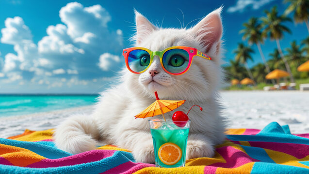 A whimsical white cat enjoys a beach vacation, complete with sunglasses and a fruity cocktail.