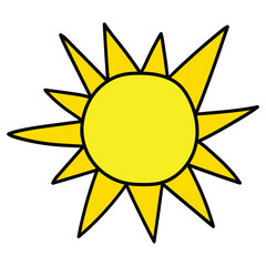 Hand drawn cartoon yellow sun on white background.