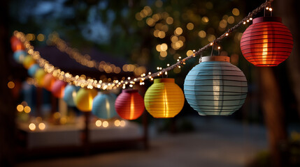 Fototapeta premium A festive night sky with glowing lanterns, ideal for cultural or holiday-themed graphics. 
