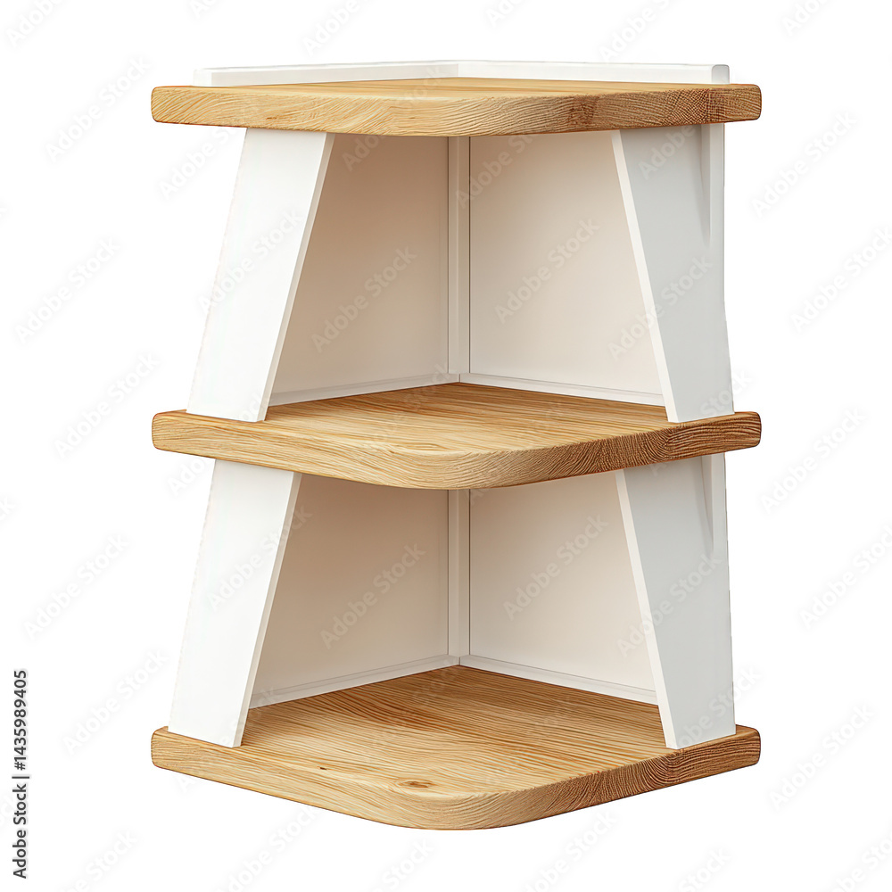 Poster modern. three-tiered corner shelf with a combination of white and wood finishes. designed for effici