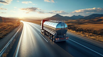 Modern tanker truck traverses a highway at sunset.