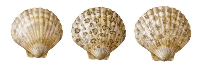 Set of watercolor seashells. Leopard and floral print on the shell. Digital illustration.