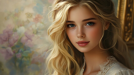 Fototapeta premium A captivating portrait of a young woman with golden hair and an endearing expression.