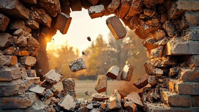 Breaking Free: A dramatic close-up of a crumbling brick wall with debris flying, revealing a glimpse of a sunlit landscape beyond. The image evokes a sense of overcoming obstacles.