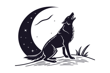 Black and white dog playing with frisbee, pet silhouette on a white background