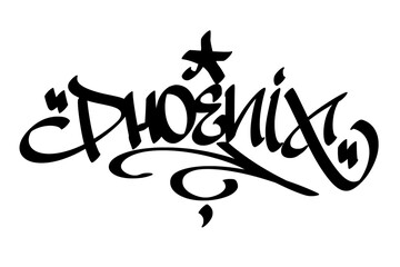 Graffiti tag text "Phoenix" in bold street art style. Hand-drawn vector lettering with fiery, dynamic energy. Isolated on a white background, perfect for designs, fashion, and merchandise. © dirtyfellas