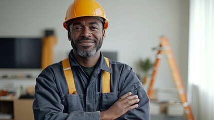 Smiling, confident tradesperson in work attire.