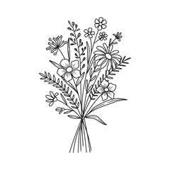Flower bouquet vector. Hand drawn flower. Wildflower line art bouquets, wild plant, botanical vector illustration
