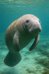 Fototapeta premium Manatee swimming underwater in clear ocean water wildlife marine animal endangered species sea cow florida coast
