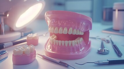 Dental Model Leaning on Table with Dental Tools and Equipment