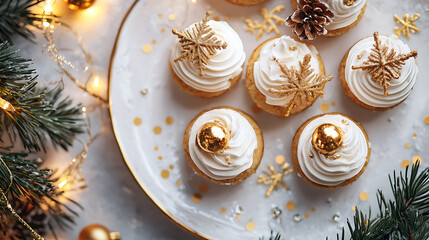 Festive Christmas cupcakes with gold decorations on a white plate with pine and lights