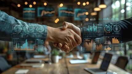 Handshake with tech data overlay for business deal
