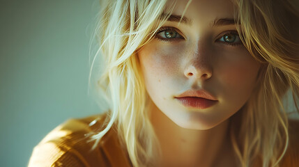 Fototapeta premium Close-up portrait of a young woman with light blonde hair.