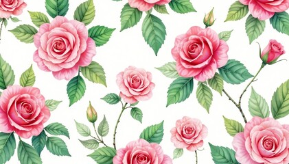 Delicate watercolor rose blooms, lush green leaves repeating pattern, romantic, surface pattern