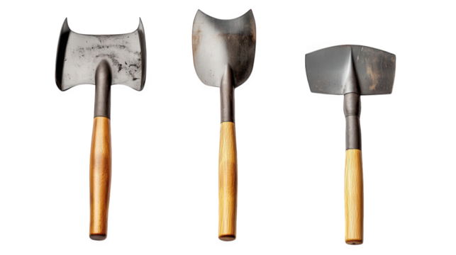 three different types of gardening tools. specifically hand hoes. each with a distinct blade shape and wooden handle these tools are used for cultivating soil. weeding. and planting in gardens or agri