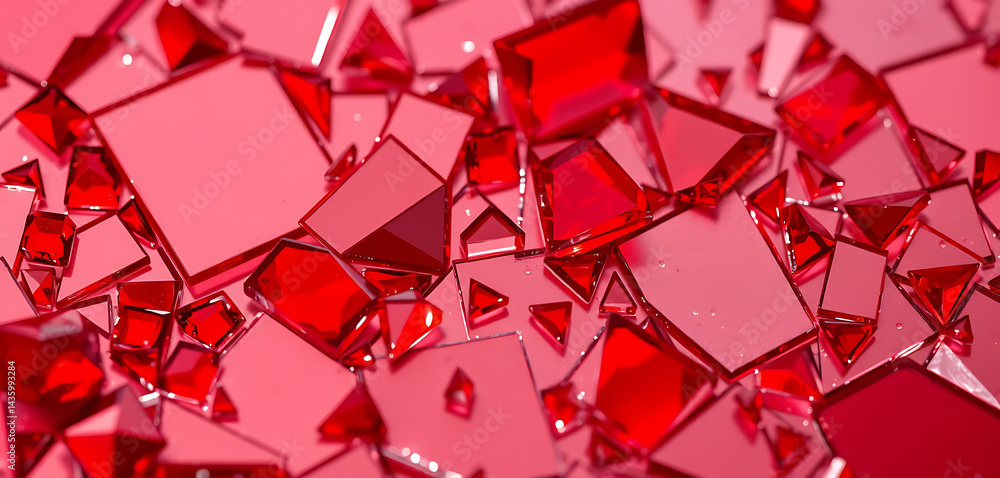 Poster ruby red glass shards abstract sparkling texture of reflective gems, triangular & square fragments o