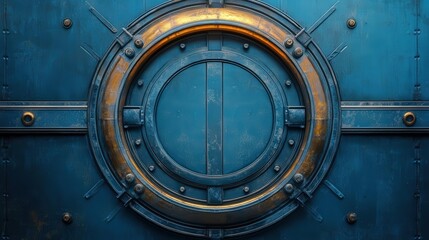 Top-down view of a round, blue steel door in an industrial steampunk spaceship. Photorealistic, cinematic concept art with detailed metal textures and futuristic design elements.