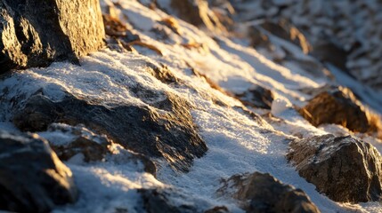 Fototapeta premium Frozen mountain rocks covered in fresh snow, bathed in warm sunlight