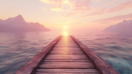 Fototapeta premium Gentle sunset over tranquil water, a wooden dock extending into the horizon.