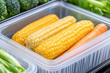 Cooked corn and carrot in a clear plastic container with other vegetables