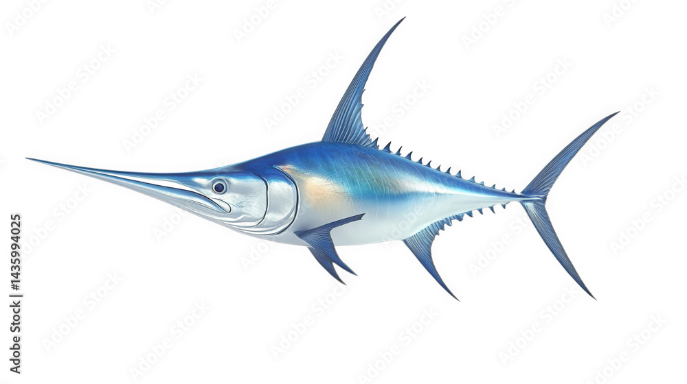 Poster detailed. stylized illustration of a swordfish. showcasing its elongated body. pointed snout. and di