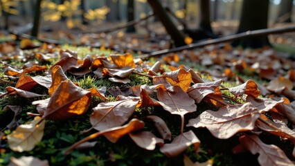 Obraz premium Fallen birch leaves, ochre and rust hues, rest on damp moss in a shadowed forest glen.