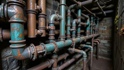 Aged copper pipes, verdigris, moss, subterranean chamber, observatory ruins, teal, ochre, botanical reclamation.