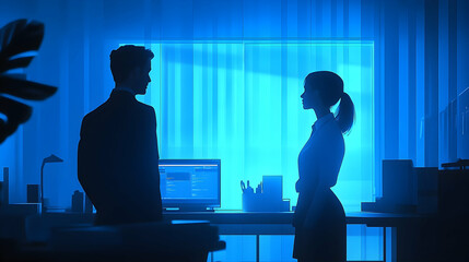 Silhouettes of two people in conversation, illuminated by vibrant blue light.