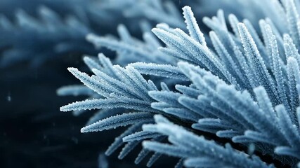 Close up video of icy blue frost covered plant needles with soft focus background capturing winter or cold weather nature details