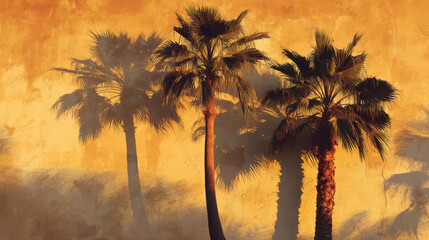 Warm golden light bathes three palm trees casting long shadows on an aged stucco wall creating a peaceful tropical landscape scene with golden hues at sunset.