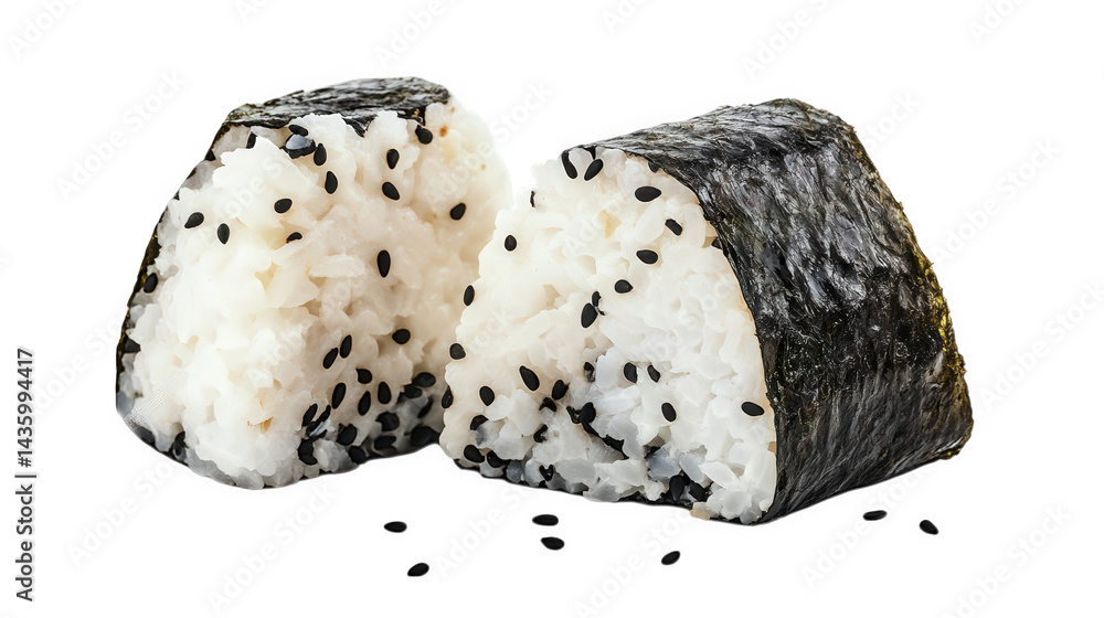 Poster two pieces of sushi. specifically onigiri. with a triangular shape and wrapped in nori (seaweed) the