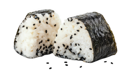 two pieces of sushi. specifically onigiri. with a triangular shape and wrapped in nori (seaweed) the rice is sprinkled with black sesame seeds. emphasizing its texture and flavor this dish is popular