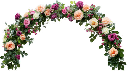 decorative floral arch adorned with a variety of roses in shades of pink. peach. and white. intertwined with lush green foliage it serves as a beautiful backdrop for events such as weddings. celebrati