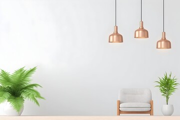 Minimalist interior light-grey armchair, two potted plants, three copper pendant lights against a white wall