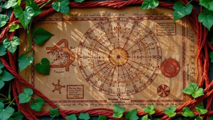 Woven threads embrace aged burlap displaying faint celestial maps in warm, earthy tones and soft light.