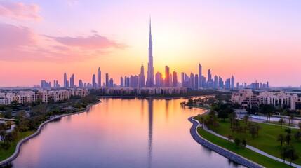 Obraz premium Panoramic sunset view of a city skyline reflected in a calm lake, with modern skyscrapers and lush green parkland