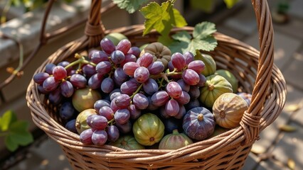 Weathered wicker basket brimming with grapes and figs in a sunny Tuscan courtyard setting.