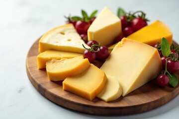 Elegant cheese platter, gourmet cheeses, white backdrop, high-resolution, cheese