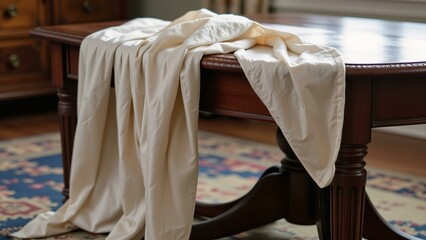 Antique ivory silk drapes elegantly over a mahogany table, bathed in soft, diffused light.