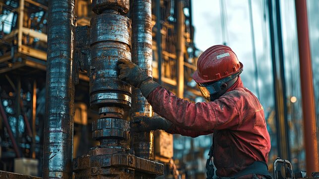 Oil rig worker inspects complex machinery components.