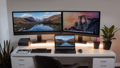 Naklejka premium Modern Dual Monitor Workstation Setup Productivity & Style for the Home Office