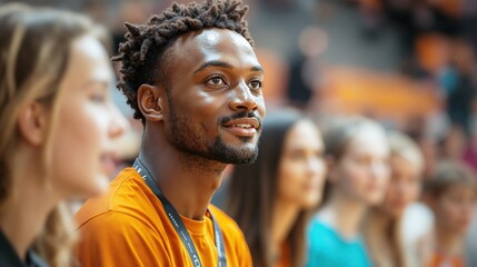 Fototapeta premium African male adult smiling in group setting with caucasian young adults in background