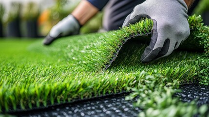 A landscaped area being fitted with artificial turf.
