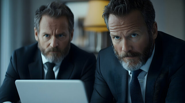 Two serious business professionals focused intently on a laptop.