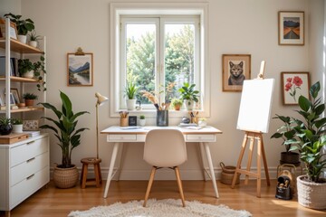 Bright and Cozy Home Office with Plants and Artwork in Natural Light
