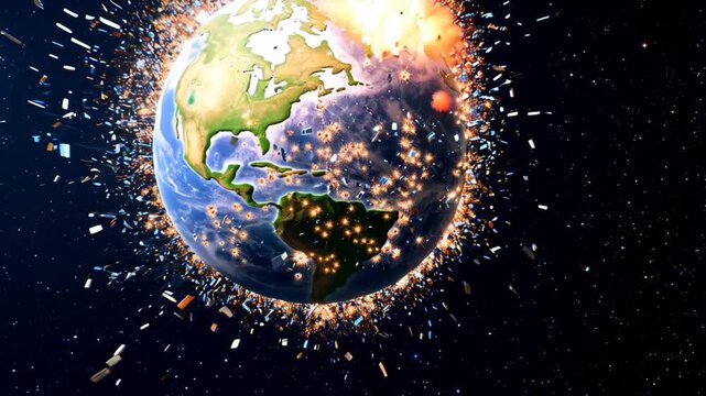 planet earth exploding and shattering in space